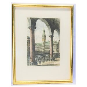Albrecht Bruck Grabado a Color Hamburgo Palacio Gobierno 1920