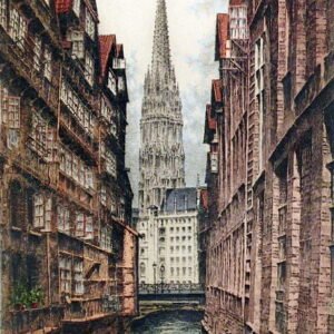 Albrecht Bruck Grabado a Color Iglesia de San Nicolás en Hamburgo c1920