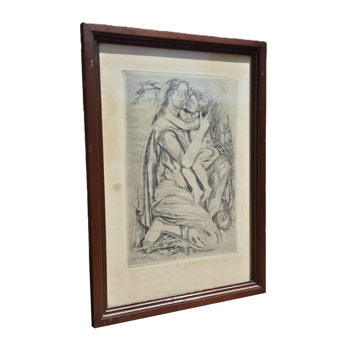 Vista en ángulo - Federico Cantú Grabado al Buril II Mater Amabilis c1950 Firmado Edición Limitada Vista en ángulo de la obra enmarcada: Federico Cantú Grabado al Buril II Mater Amabilis c1950 Firmado Edición Limitada. Fotografía del objeto real en venta en 32 Reales.