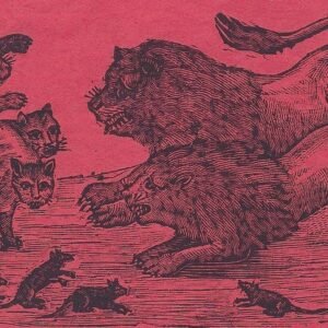Detalle del grabado de Manuel Manilla: leones enfrentados a gatos y ratones, de la hoja volante Pronunciamiento de Leones contra Gatos y Ratones, imprenta de Antonio Vanegas Arroyo, siglo XIX