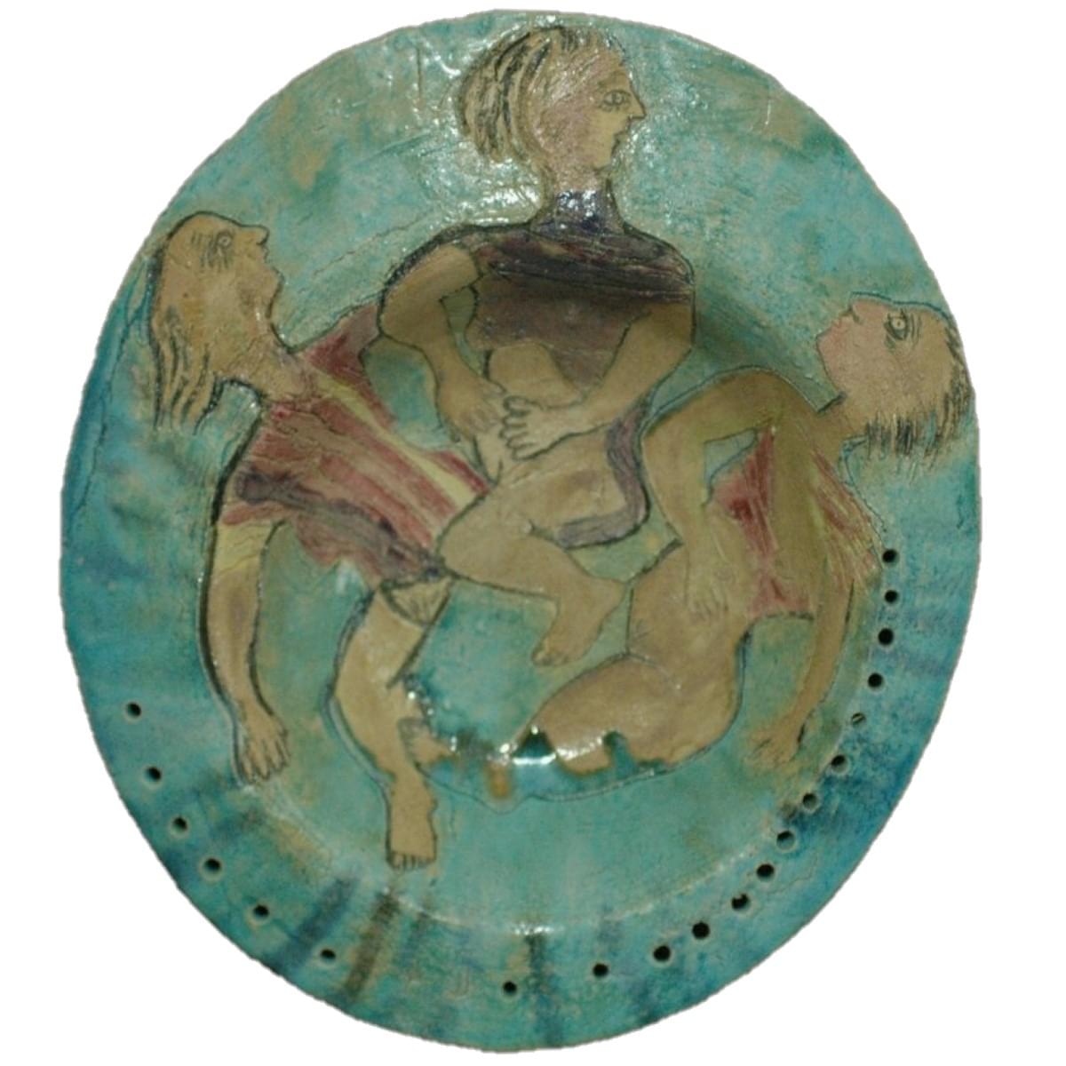 Miriam Medrez Clay Bowl 3 Figures 1989 Listed Mexican Female Artist Miriam Medrez Escultura en Barro 3 Figuras 1989 Artista Mexicana Pintada a Mano