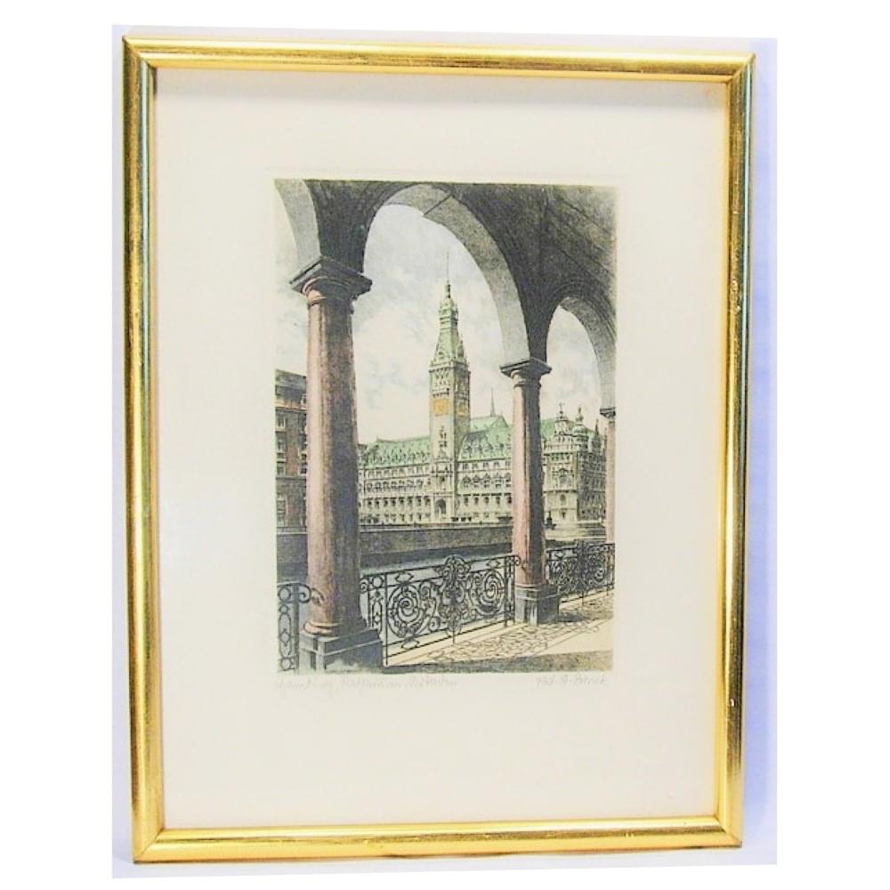 Albrecht Bruck Grabado a Color Hamburgo Palacio Gobierno 1920 Albrecht Bruck Grabado a Color Hamburgo Palacio Gobierno 1920