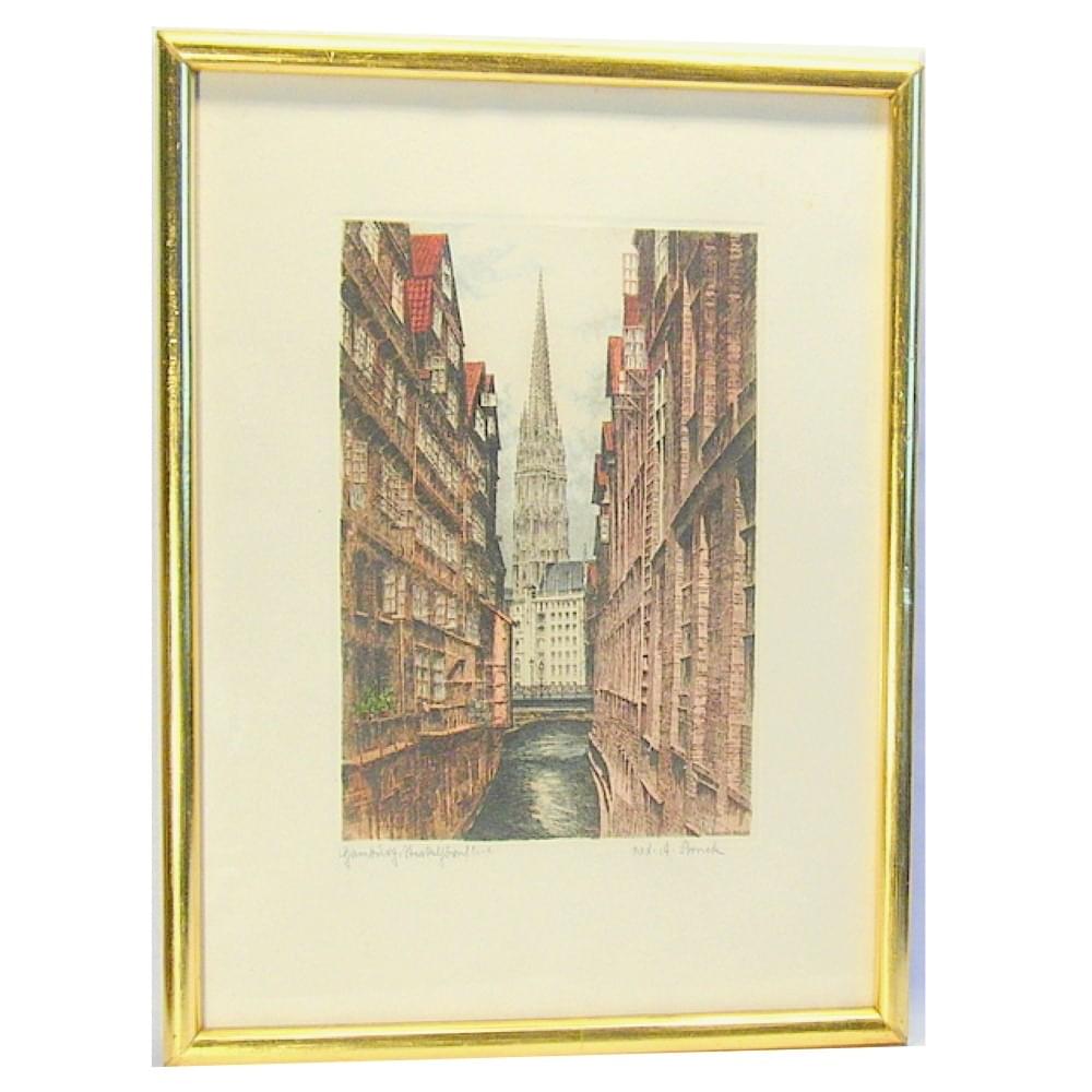Albrecht Bruck Grabado a Color Iglesia de San Nicolás en Hamburgo c1920 Albrecht Bruck Grabado a Color Iglesia de San Nicolás en Hamburgo c1920