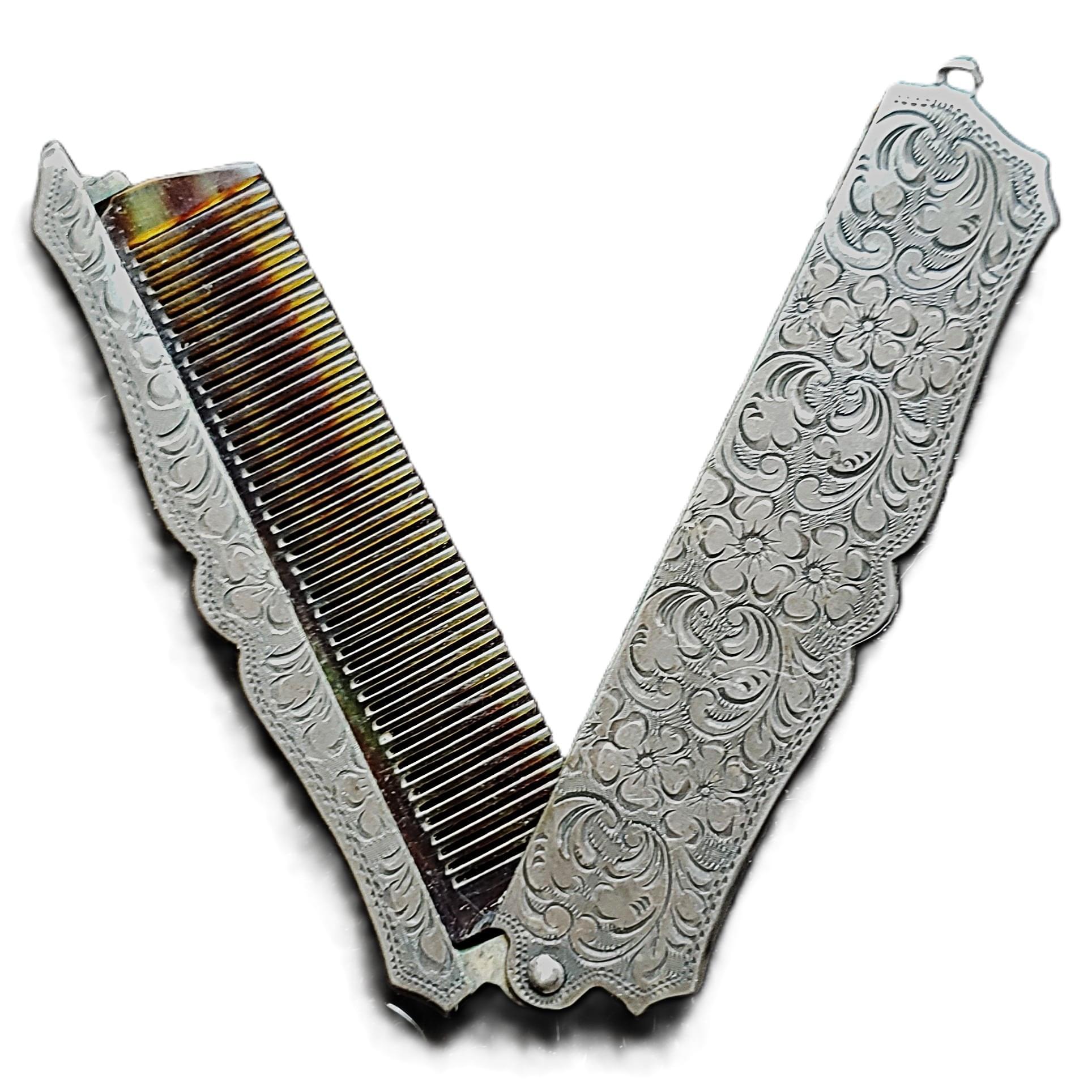 Antique Silver Engraved Folding Pocket Comb Tortoiseshell Victorian Era Peine Plegable de Bolsillo Antiguo Plata Grabada Carey Era Victoriana